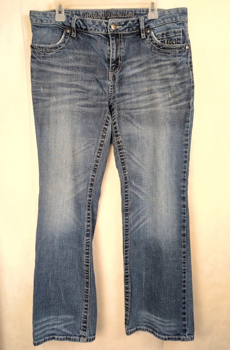 Vintage Harley Davidson boot cut eagle wing rhinestone flap pocket jeans Size 14
